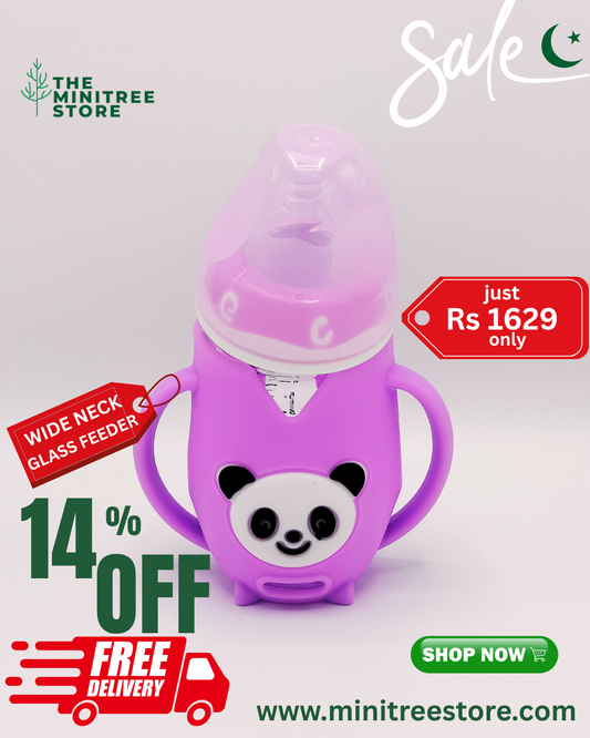240ml Wide-Neck Anti-Colic Glass Baby Feeding Bottle with Cute Panda Silicone Sleeve & Dual Handles