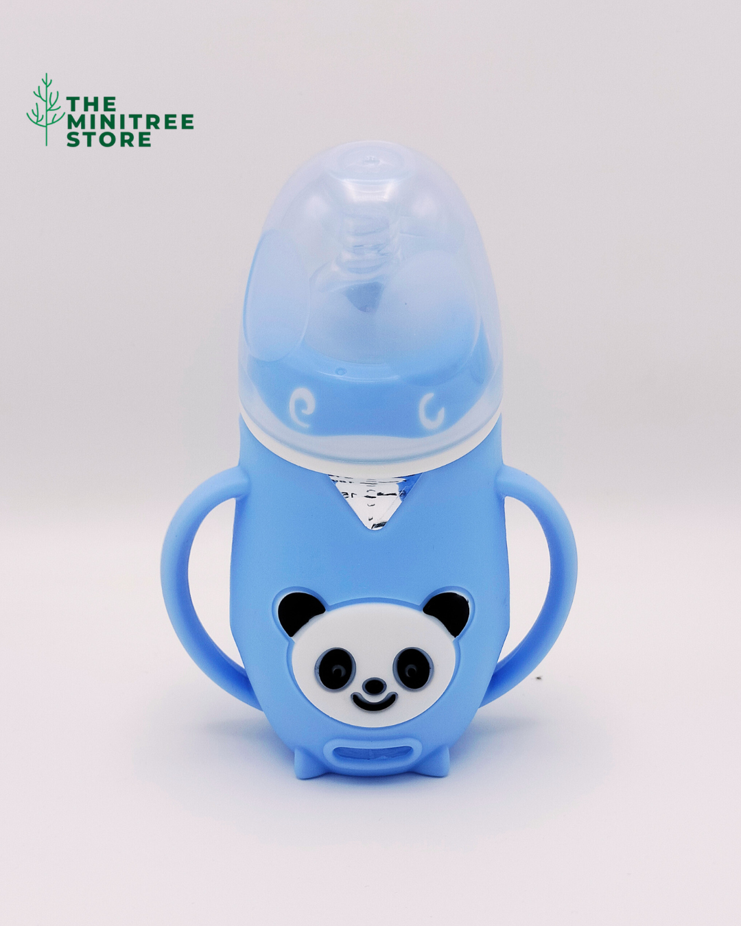240ml Wide-Neck Anti-Colic Glass Baby Feeding Bottle with Cute Panda Silicone Sleeve & Dual Handles