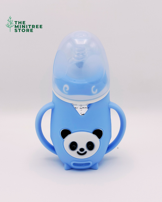Minitree 240ml Wide-Neck Anti-Colic Glass Baby Feeding Bottle with Cute Panda Silicone Sleeve & Dual Handles
