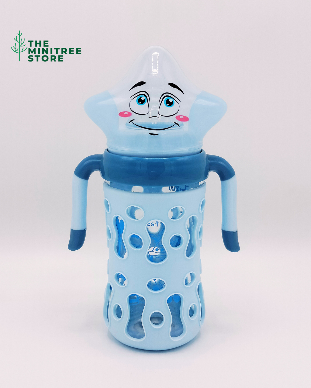 minitree 240ml Premium Wide Neck Glass Baby Feeder with Star Character Cap & Cutout Silicone Protection