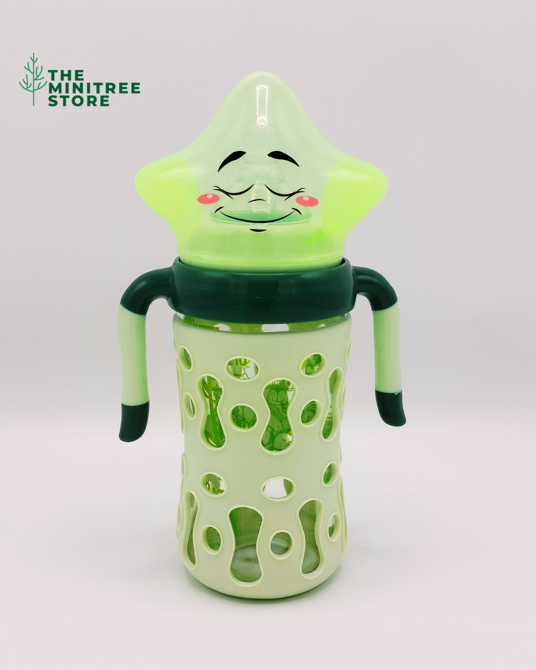 minitree 240ml Premium Wide Neck Glass Baby Feeder with Star Character Cap & Cutout Silicone Protection