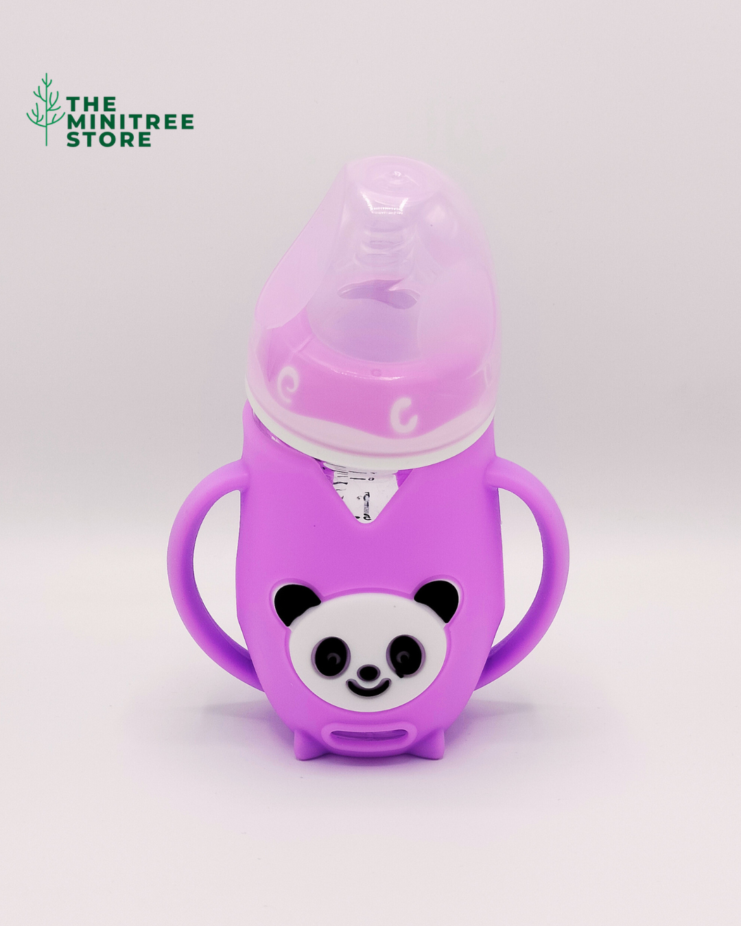 240ml Wide-Neck Anti-Colic Glass Baby Feeding Bottle with Cute Panda Silicone Sleeve & Dual Handles