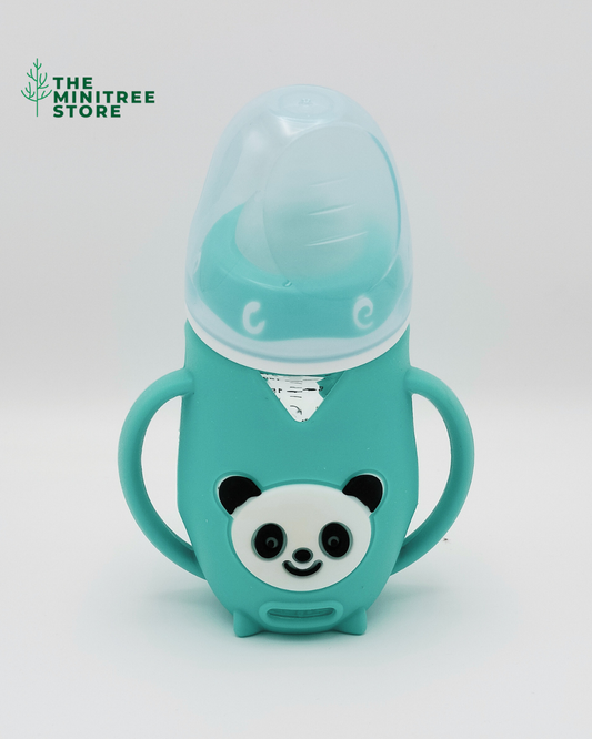 Minitree 240ml Wide-Neck Anti-Colic Glass Baby Feeding Bottle with Cute Panda Silicone Sleeve & Dual Handles